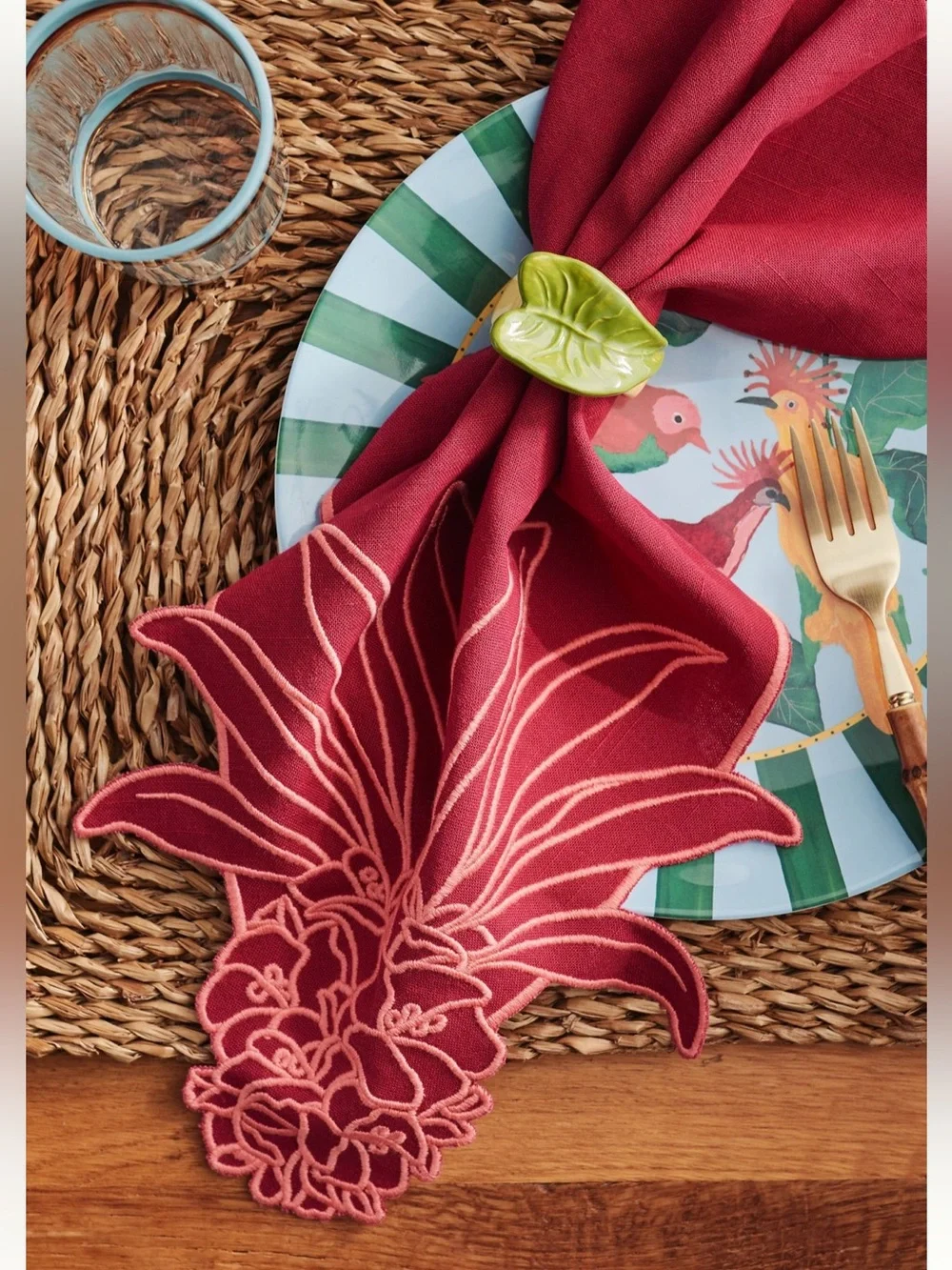 NWT Farm Rio x Anthropologie Embroidered Napkin, Set of 2 in Red Berry